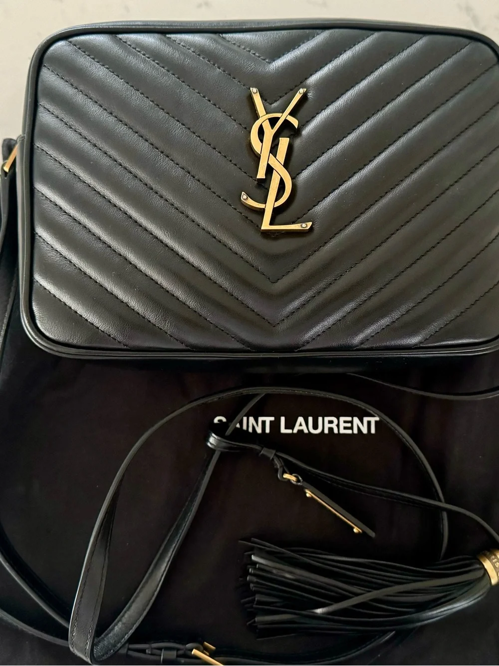 Saint Laurent Black Quilted Camera Crossbody with Gold YSL Logo and Tassel - Picture 2 of 13